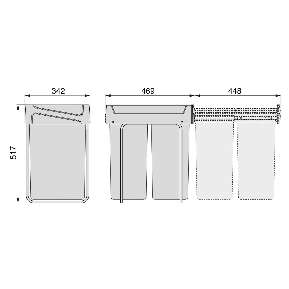 Emuca Contenitore per la raccolta differenziata Recycle da montare sul fondo e da estrarre manualmente in cucina Recycle 2x25lt, Tecnoplastica, Nera