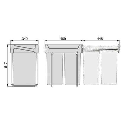 Emuca Contenitore per la raccolta differenziata Recycle da montare sul fondo e da estrarre manualmente in cucina Recycle 2x25lt, Tecnoplastica, Nera