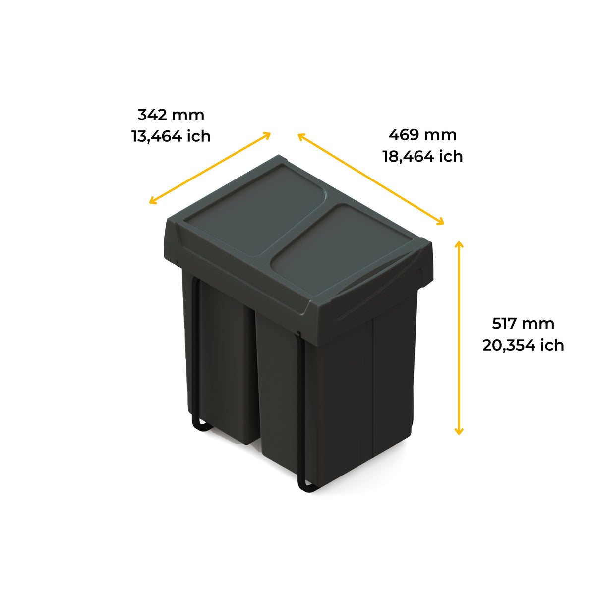 Emuca Contenitore per la raccolta differenziata Recycle da montare sul fondo e da estrarre manualmente in cucina Recycle 2x25lt, Tecnoplastica, Nera