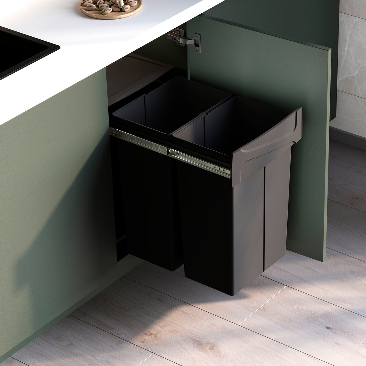 Emuca Contenitore per la raccolta differenziata Recycle da montare sul fondo e da estrarre manualmente in cucina Recycle 2x25lt, Tecnoplastica, Nera