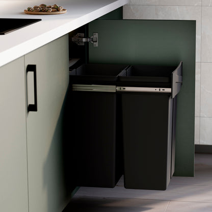 Emuca Contenitore per la raccolta differenziata Recycle da montare sul fondo e da estrarre manualmente in cucina Recycle 2x25lt, Tecnoplastica, Nera