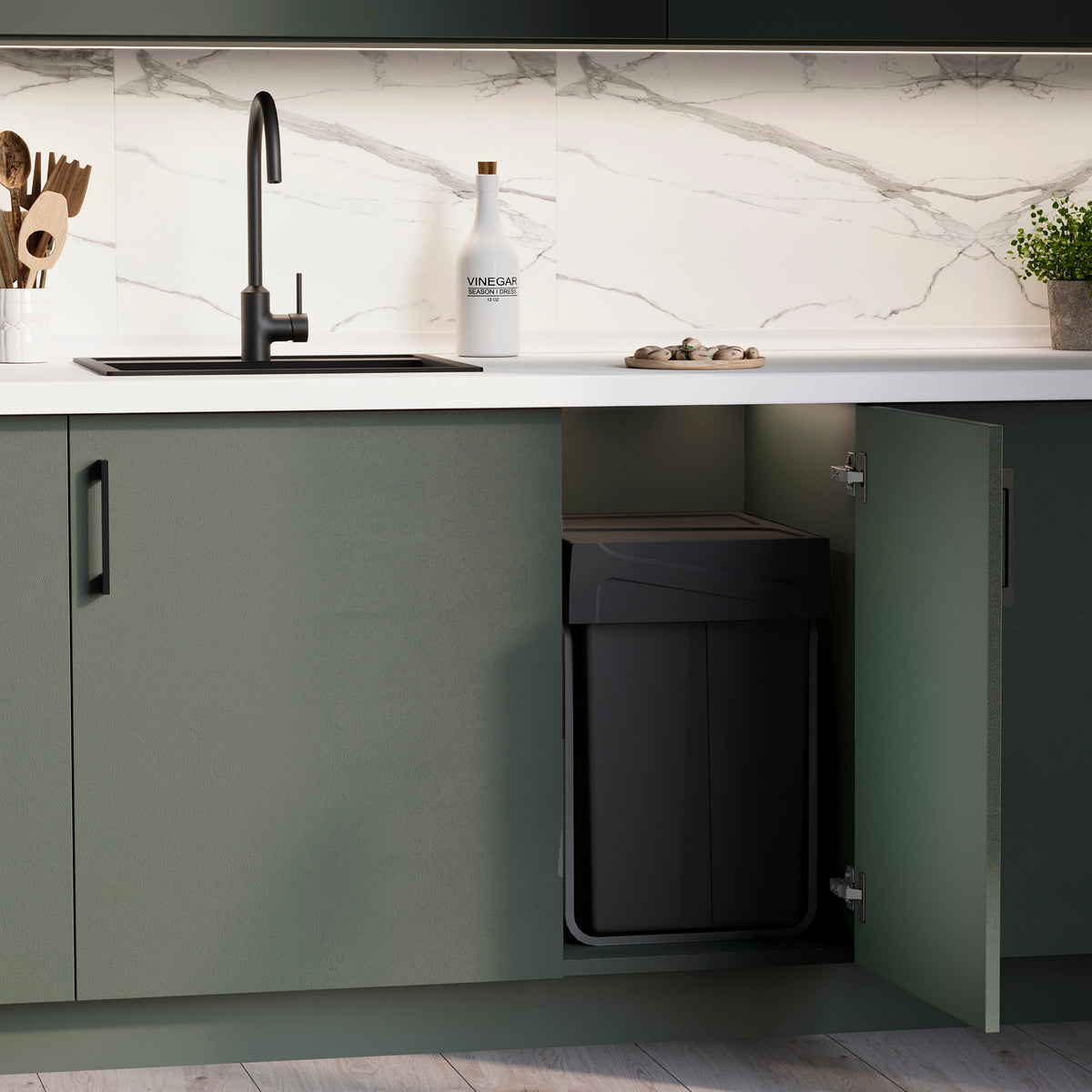 Emuca Contenitore per la raccolta differenziata Recycle da montare sul fondo e da estrarre manualmente in cucina Recycle 2x25lt, Tecnoplastica, Nera