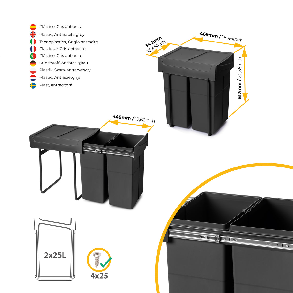 Emuca Contenitore per la raccolta differenziata Recycle da montare sul fondo e da estrarre manualmente in cucina Recycle 2x25lt, Tecnoplastica, Nera