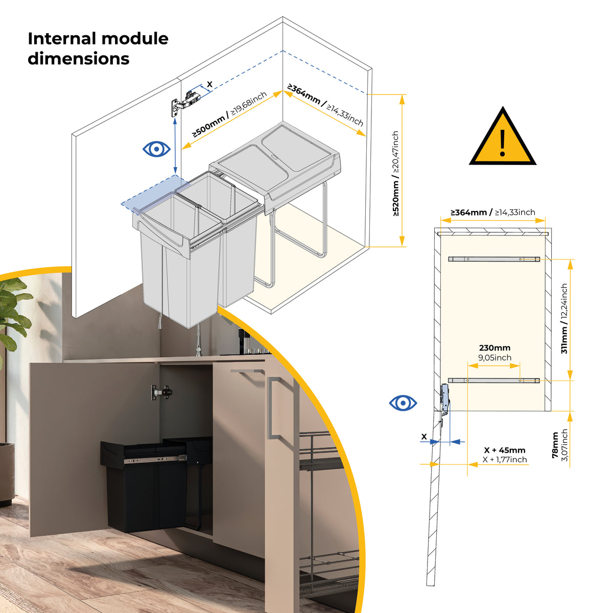 Emuca Contenitore per la raccolta differenziata Recycle da montare sul fondo e da estrarre manualmente in cucina Recycle 2x25lt, Tecnoplastica, Nera