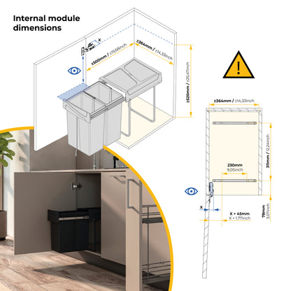 Emuca Contenitore per la raccolta differenziata Recycle da montare sul fondo e da estrarre manualmente in cucina Recycle 2x25lt, Tecnoplastica, Nera