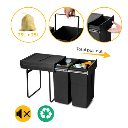 Emuca Contenitore per la raccolta differenziata Recycle da montare sul fondo e da estrarre manualmente in cucina Recycle 2x25lt, Tecnoplastica, Nera