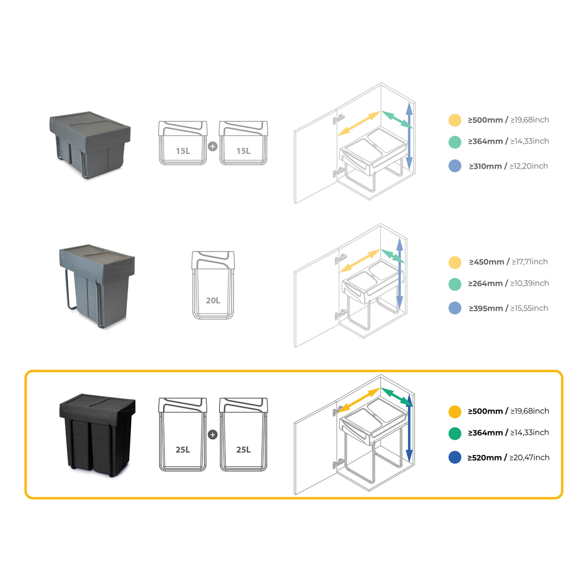 Emuca Contenitore per la raccolta differenziata Recycle da montare sul fondo e da estrarre manualmente in cucina Recycle 2x25lt, Tecnoplastica, Nera