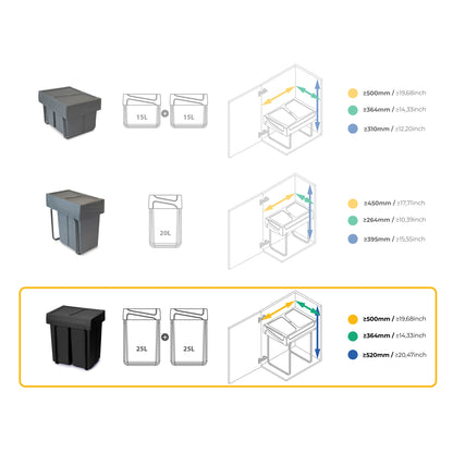 Emuca Contenitore per la raccolta differenziata Recycle da montare sul fondo e da estrarre manualmente in cucina Recycle 2x25lt, Tecnoplastica, Nera