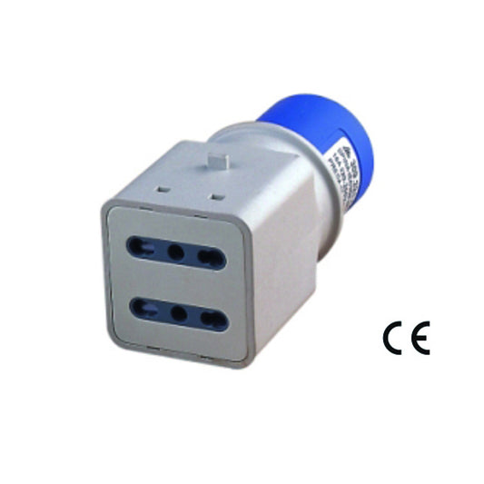 Adattatore industriale: 1 spina CEE 2P+T 16A 200-250V - 2 Prese 2P+T 16A Bipasso - IP20